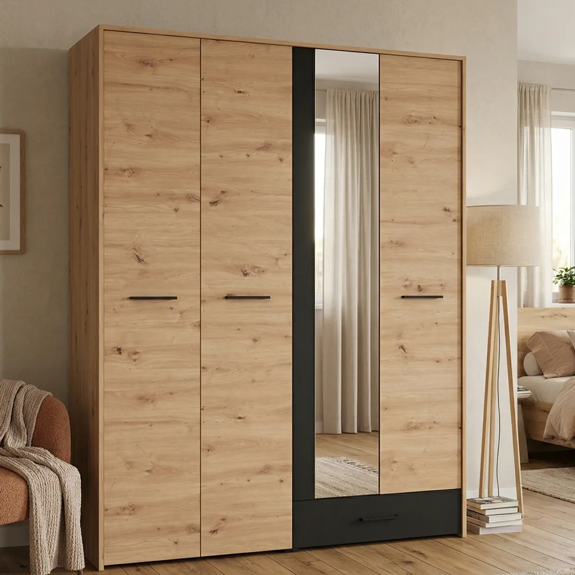 Guardaroba Grande Marrone Rovere Nodi Nero un Cassetto 5 Ripiani 157.5x203.5h cm, Appendiabiti - Lisio