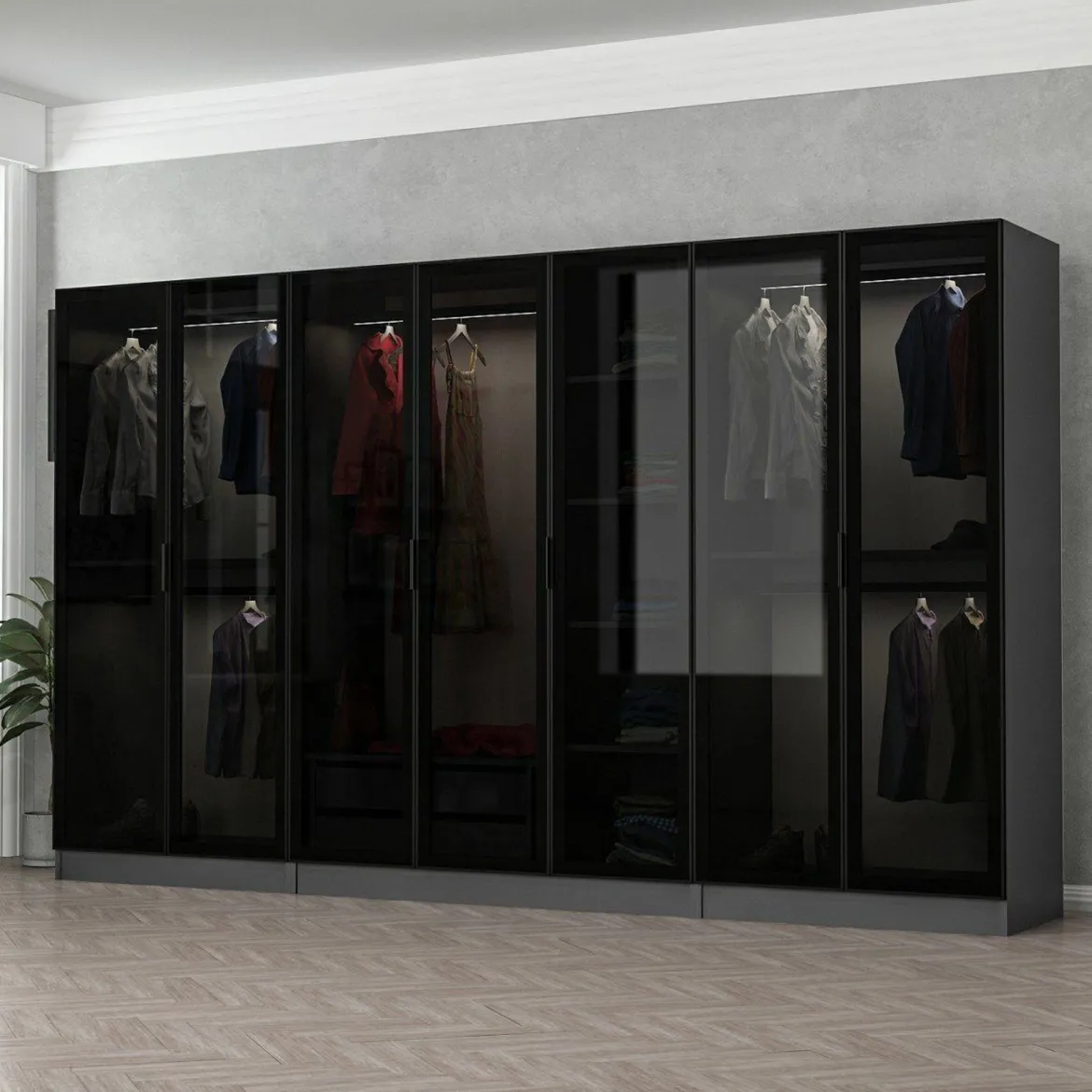 Guardaroba Grande Nero Antracite Trasparente Appendiabiti 8 Ripiani 217x210h cm, Apertura Scorrevole - Soncino
