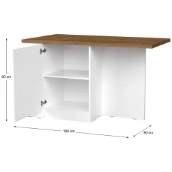 Isola da Cucina Bianco Lucido Marrone Rovere 2 Ripiani 4 Vani 130x80x90h cm, 2 Ante Made in Italy - Miha
