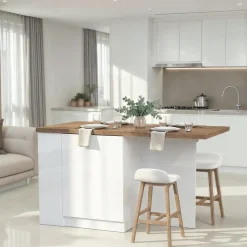 Isola da Cucina Bianco Lucido Marrone Rovere 2 Ripiani 4 Vani 130x80x90h cm, 2 Ante Made in Italy - Miha