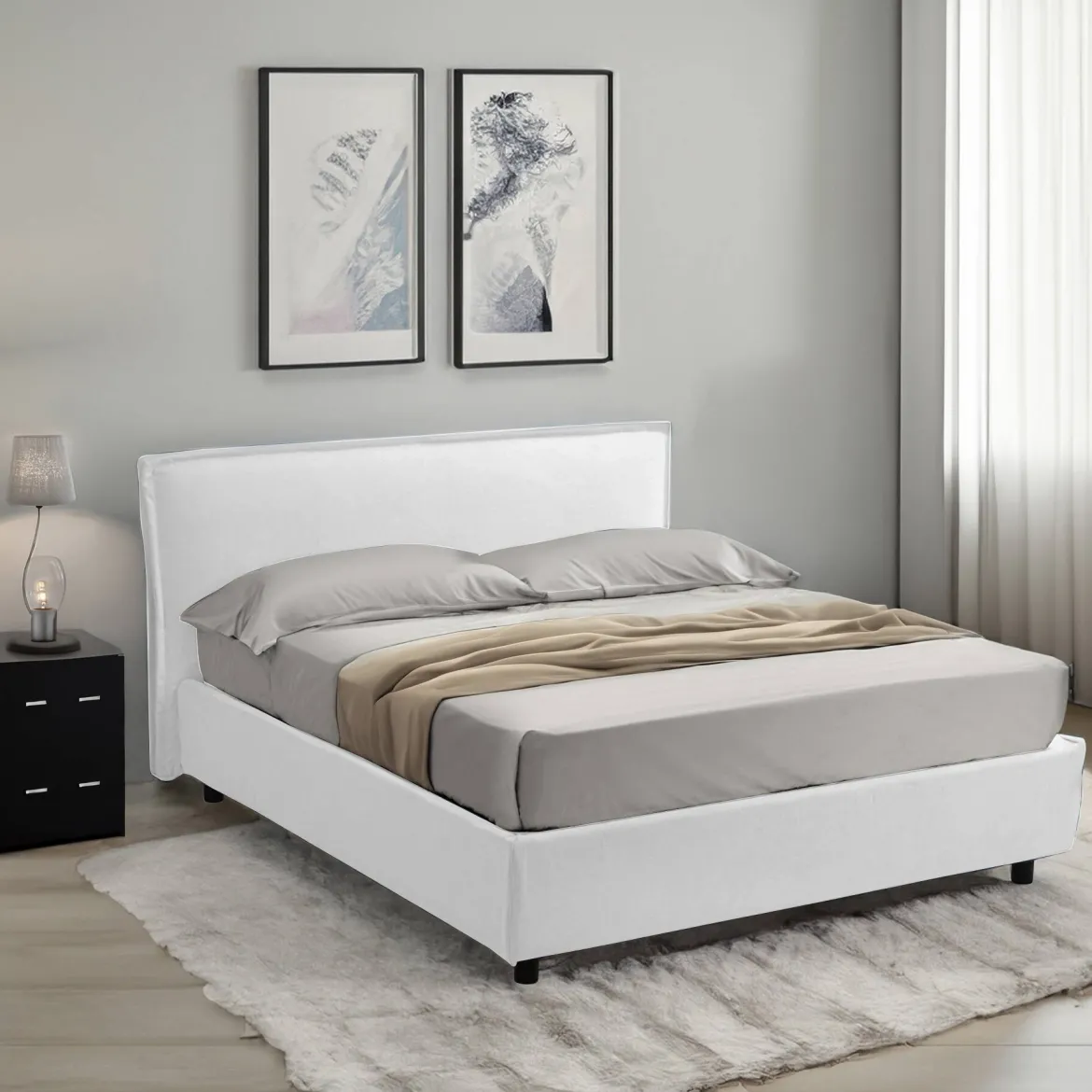 Letto Alla Francese Bianco Materasso Incluso Sfoderabile, Contenitore Made in Italy - Broni