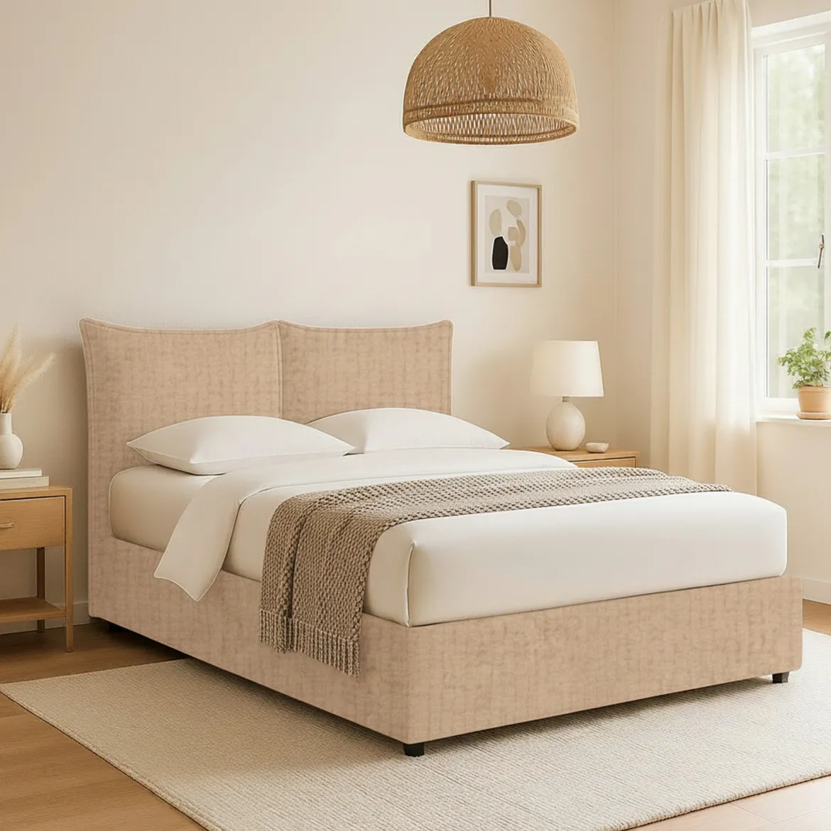 Letto Matrimoniale Beige Sfoderabile Contenitore, Dimensione Materasso 160x200 cm - Peia