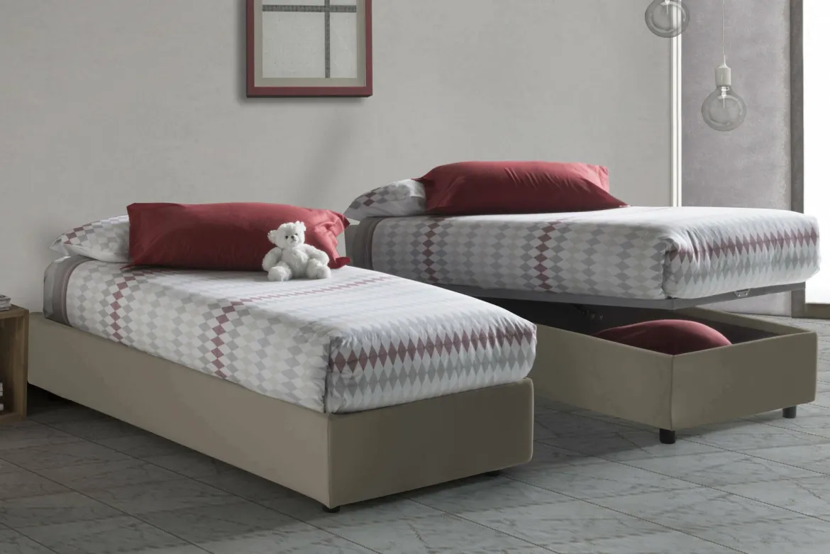 Letto singolo contenitore tortora 105x205cm rivestimento in ecopelle - Angelina