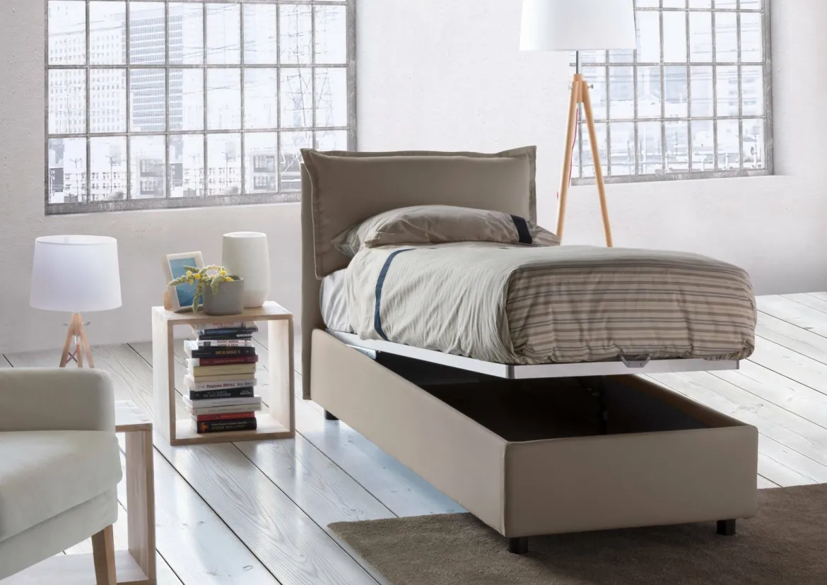Letto singolo contenitore tortora 95x205cm elegante - Grecale
