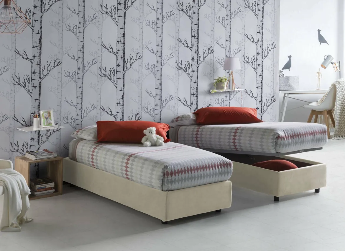 Letto una piazza contenitore beige 95x215cm sfoderabile - Ava