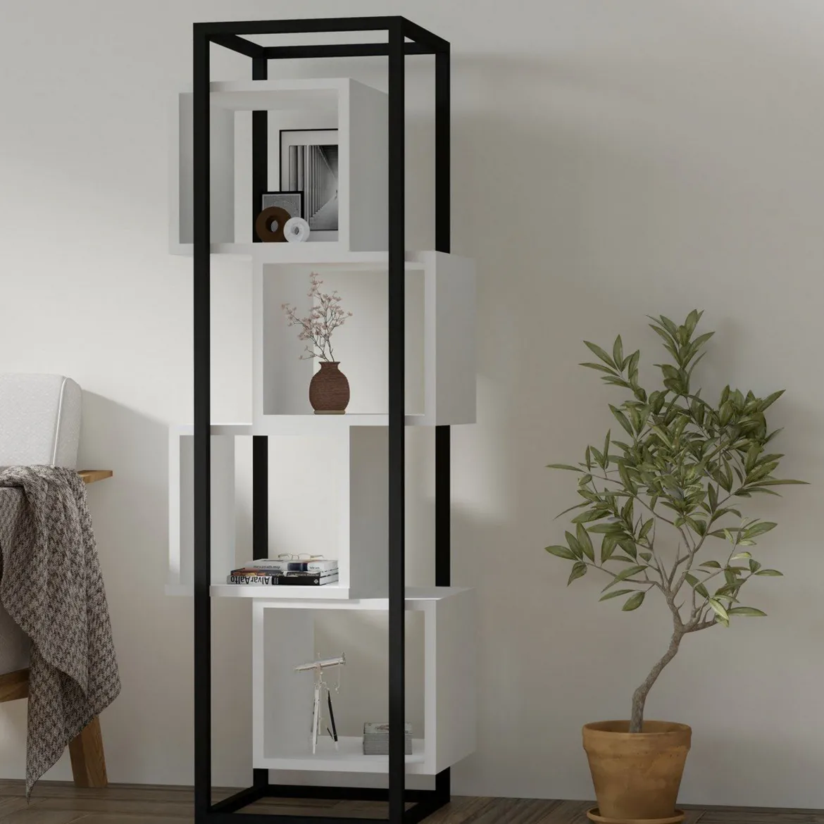 Libreria Bianco Marrone Rovere 4 Ripiani Installazione Libera 64x24x150h cm, Sfumatura Colore Struttura Rovere - Equo