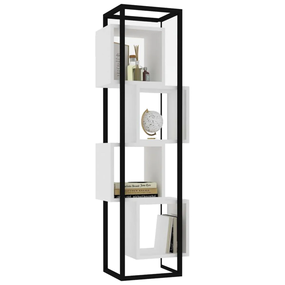 Libreria Bianco Marrone Rovere 4 Ripiani Installazione Libera 64x24x150h cm, Sfumatura Colore Struttura Rovere - Equo