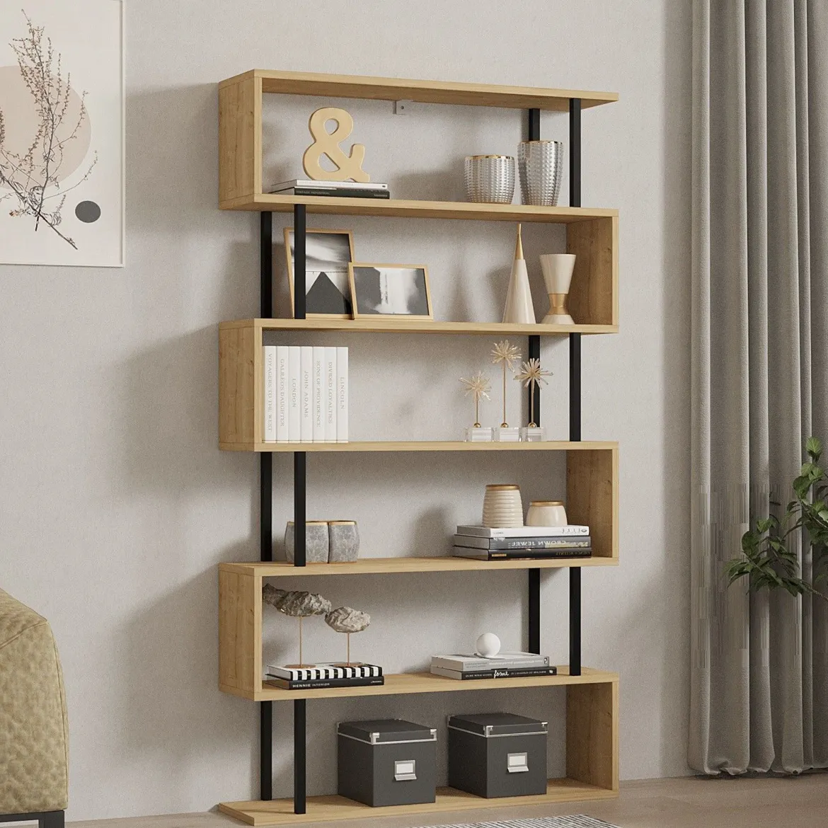 Libreria Marrone Rovere Nero 5 Ripiani Installazione Libera 90x34x180h cm, Sfumatura Colore Struttura Rovere - Mongiana