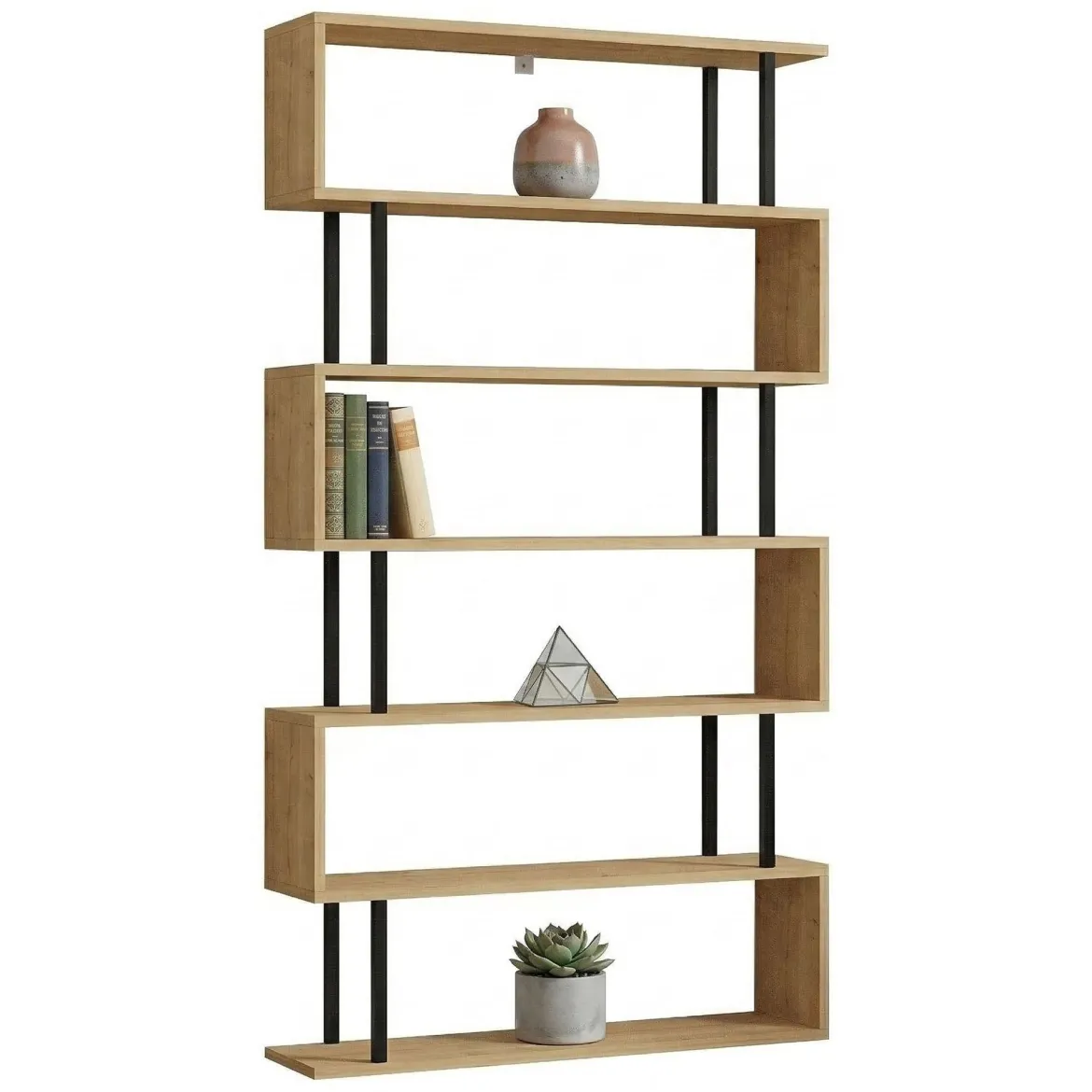 Libreria Marrone Rovere Nero 5 Ripiani Installazione Libera 90x34x180h cm, Sfumatura Colore Struttura Rovere - Mongiana