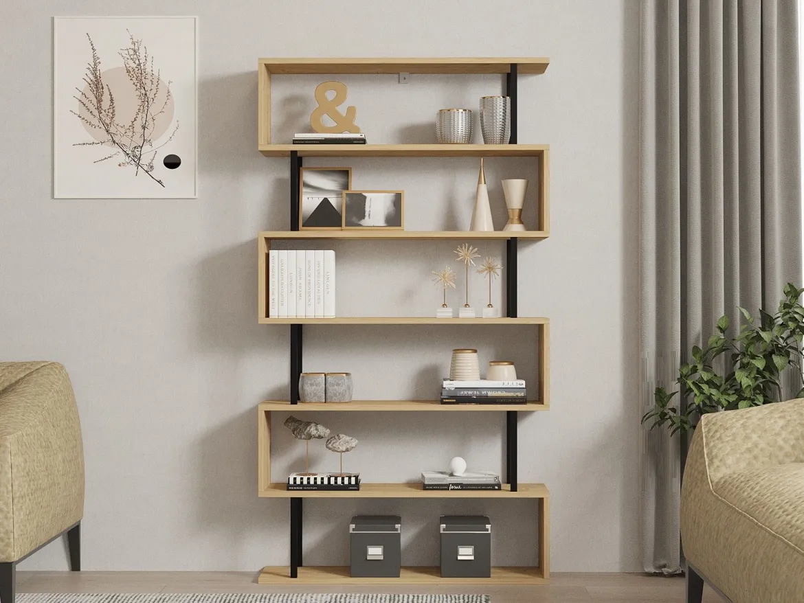 Libreria Marrone Rovere Nero 5 Ripiani Installazione Libera 90x34x180h cm, Sfumatura Colore Struttura Rovere - Mongiana