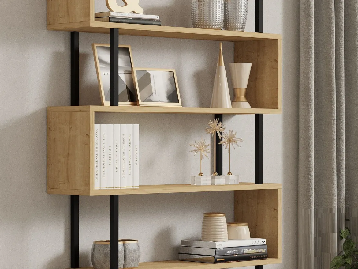 Libreria Marrone Rovere Nero 5 Ripiani Installazione Libera 90x34x180h cm, Sfumatura Colore Struttura Rovere - Mongiana