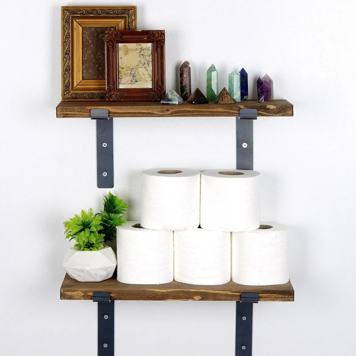 Mensola Marrone Naturale Nero 2 Ripiani in Legno di Abete, Fatto a Mano 40x14x16h cm, Colore Struttura Nero - Trontano