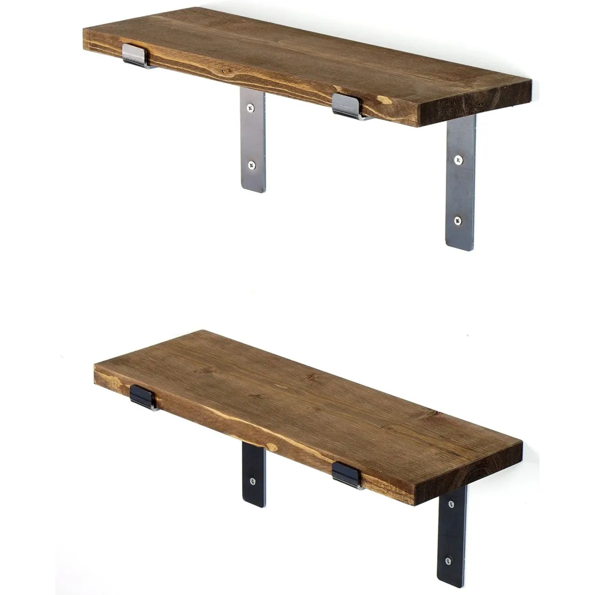 Mensola Marrone Naturale Nero 2 Ripiani in Legno di Abete, Fatto a Mano 40x14x16h cm, Colore Struttura Nero - Trontano