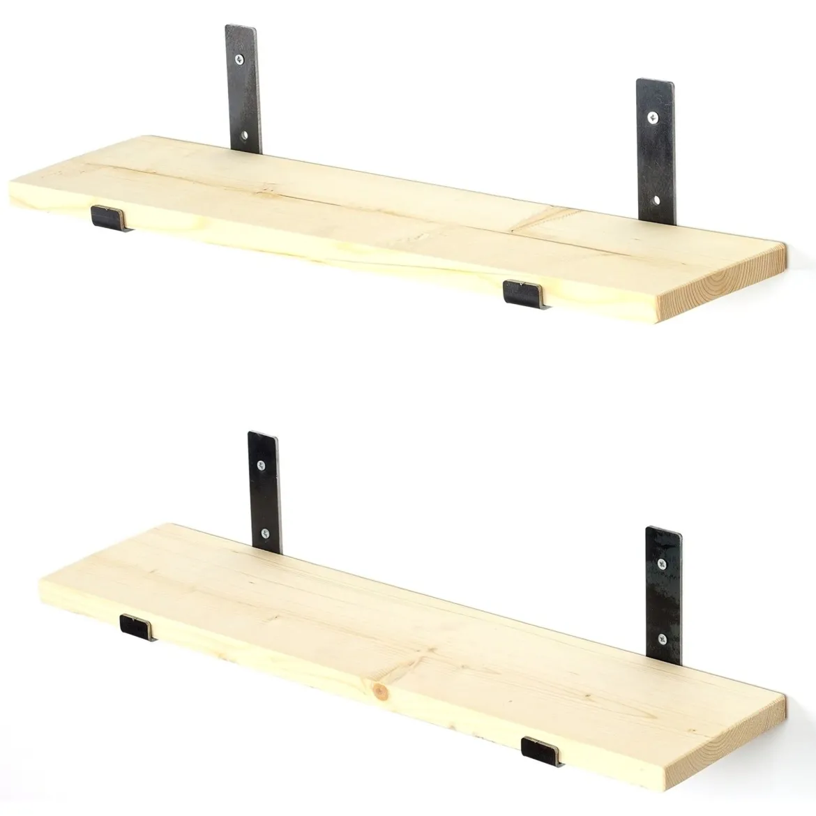 Mensola Marrone Rovere Chiaro Nero 2 Ripiani in Legno di Abete, Fatto a Mano 60x14x16h cm, Colore Struttura Nero - Zagarolo