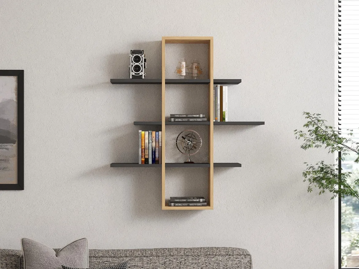 Mensola Marrone Rovere Nero Antracite 3 Ripiani Colore Struttura Nero 96x20x101h cm, Sfumatura Colore Struttura Rovere - Erbe
