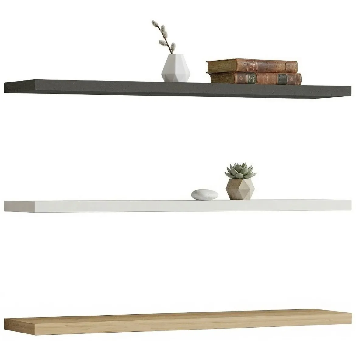 Mensola Nero Antracite Marrone Rovere 3 Ripiani set da 3 60x15x2h cm, Colore Struttura Marrone - Meina