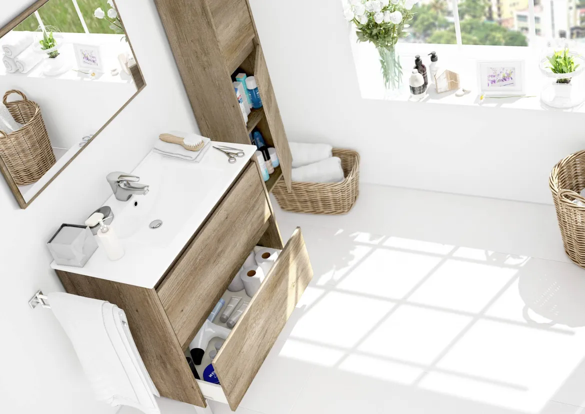 Mobile bagno sospeso con specchio 80x80x45h cm quercia - Alis