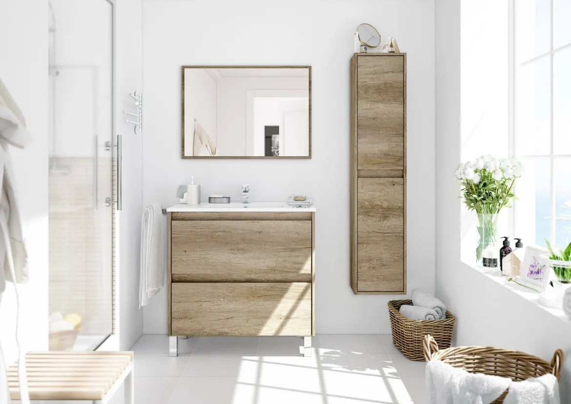 Mobile bagno sospeso con specchio 80x80x45h cm quercia - Alis