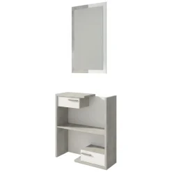 Mobile da Ingresso Bianco Grigio Cemento Specchio Incluso un Ripiano 83x29x190h cm, 2 Cassetti - Legionari