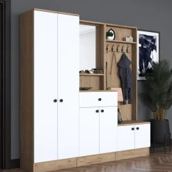 Mobile da Ingresso Bianco Marrone Noce Specchio Incluso Appendiabiti 179x36x183h cm, 11 Ripiani - Elmas