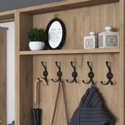 Mobile da Ingresso Bianco Marrone Noce Specchio Incluso Appendiabiti 179x36x183h cm, 11 Ripiani - Elmas