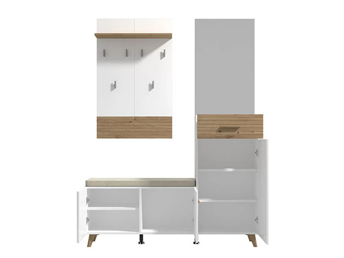 Mobile da Ingresso Bianco Opaco Marrone Rovere Nodi Specchio Incluso un Cassetto 141x35x189.5h cm, 6 Ripiani - Longa