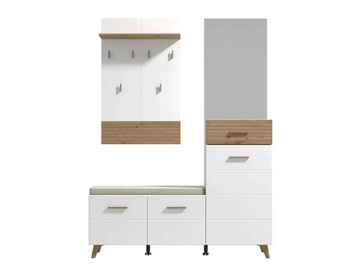 Mobile da Ingresso Bianco Opaco Marrone Rovere Nodi Specchio Incluso un Cassetto 141x35x189.5h cm, 6 Ripiani - Longa