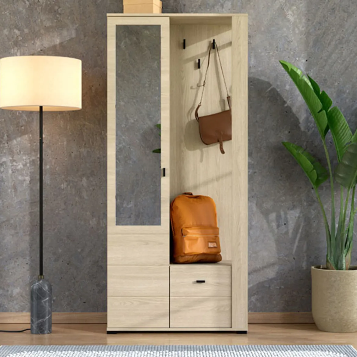 Mobile da Ingresso Marrone Rovere Nero Specchio Incluso Modulabile 100x30x76h cm, 2 Ripiani - Recale