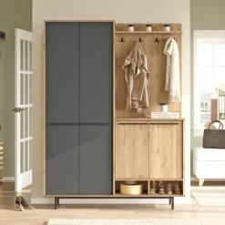 Mobile da Ingresso Nero Antracite Marrone Rovere Nodi Specchio Incluso 3 Ripiani 91.5x28x202h cm, Appendiabiti - Viggiano