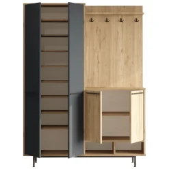 Mobile da Ingresso Nero Antracite Marrone Rovere Nodi Specchio Incluso 3 Ripiani 91.5x28x202h cm, Appendiabiti - Viggiano