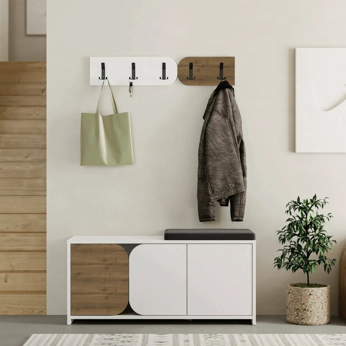 Mobile da ingresso sospeso 3 ante quercia e bianco 104x52h cm - Riga