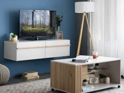 Mobile Porta tv Bianco Crema Marrone Rovere un Ripiano 4 Ante 156x40x44h cm, con Piedini - Erbez