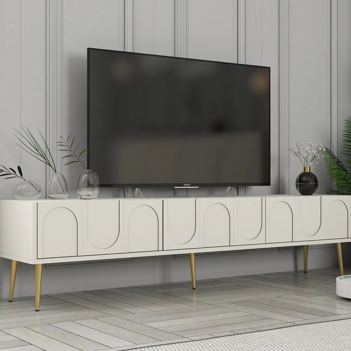 Mobile Porta tv Bianco Crema oro 3 Ante Apertura a Ribalta 180x35x43h cm, 3 Vani - Marnate