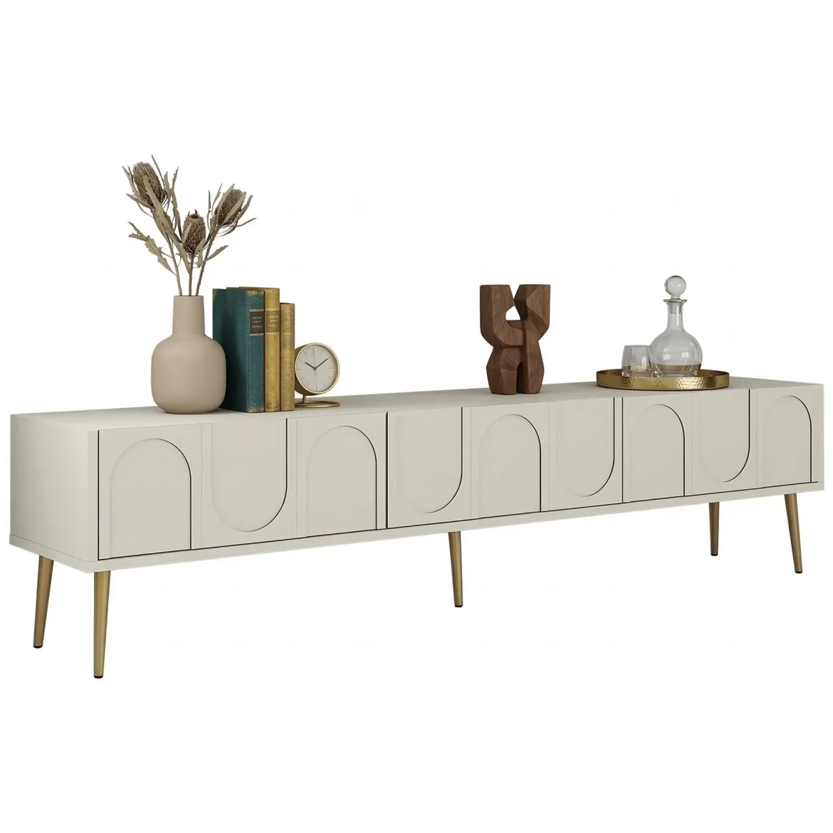 Mobile Porta tv Bianco Crema oro 3 Ante Apertura a Ribalta 180x35x43h cm, 3 Vani - Marnate