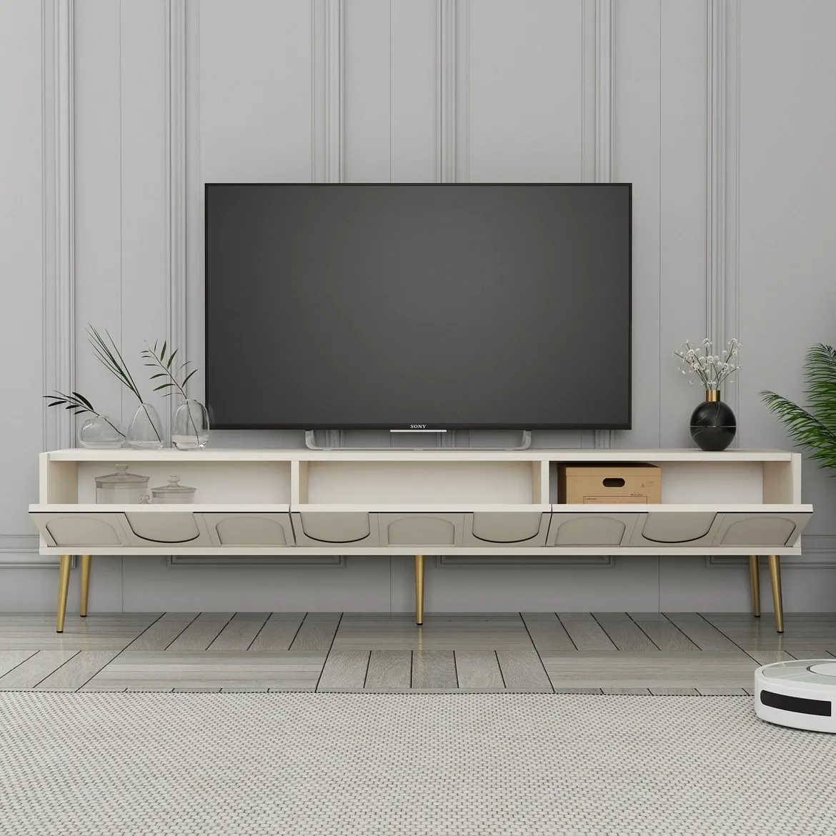 Mobile Porta tv Bianco Crema oro 3 Ante Apertura a Ribalta 180x35x43h cm, 3 Vani - Marnate