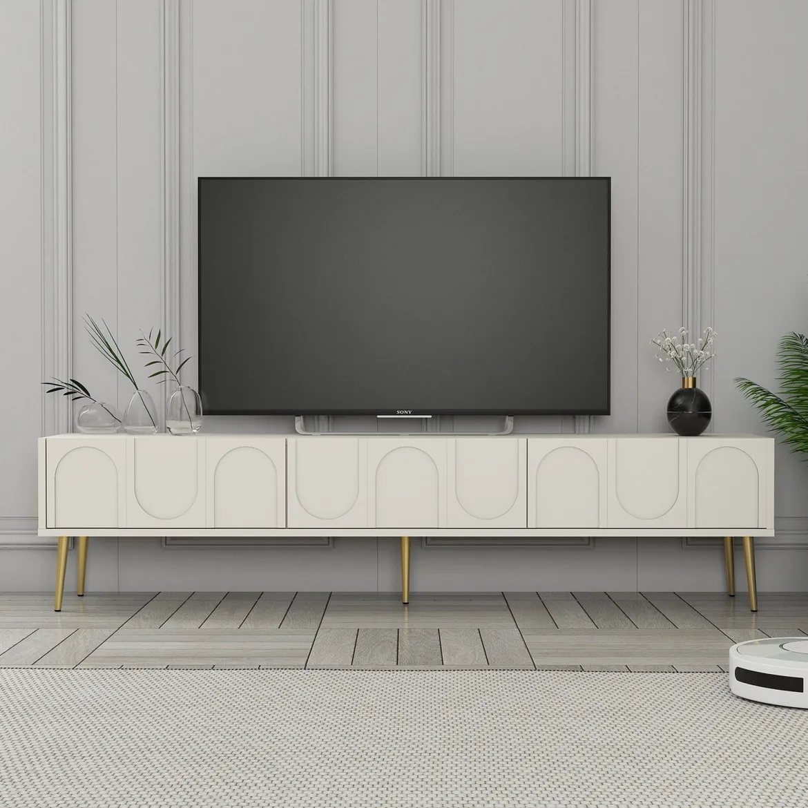 Mobile Porta tv Bianco Crema oro 3 Ante Apertura a Ribalta 180x35x43h cm, 3 Vani - Marnate
