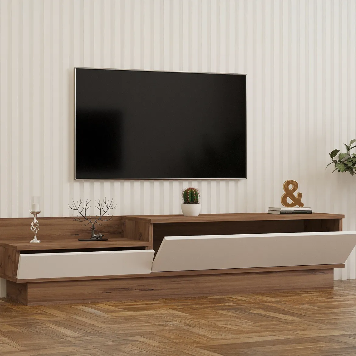 Mobile Porta tv Bianco Marrone Rovere 2 Cassetti un Ripiano 39x129x50h cm, 2 Ante - Waynes