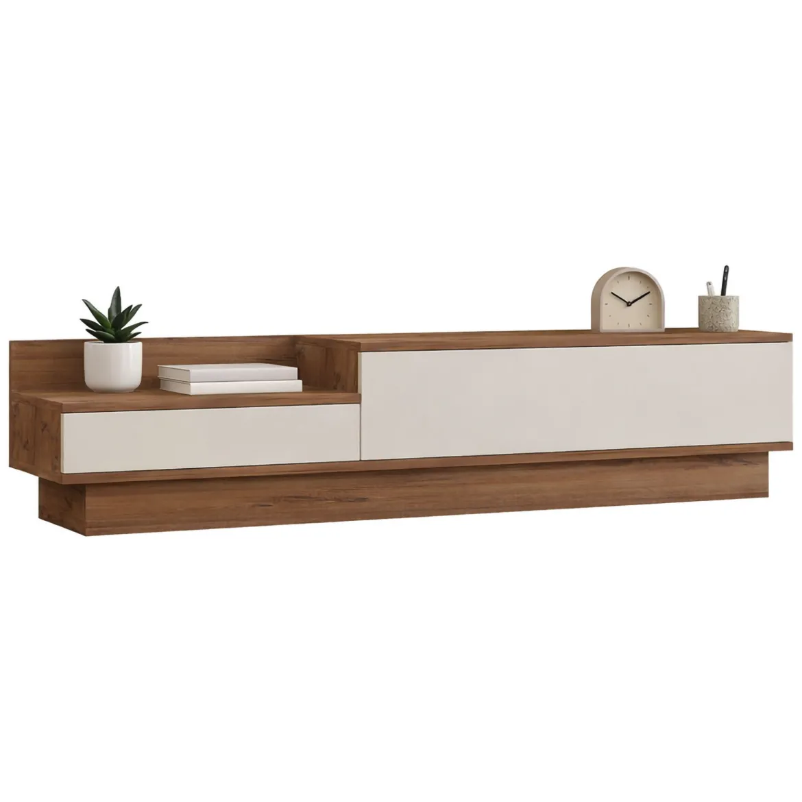 Mobile Porta tv Bianco Marrone Rovere 2 Cassetti un Ripiano 39x129x50h cm, 2 Ante - Waynes