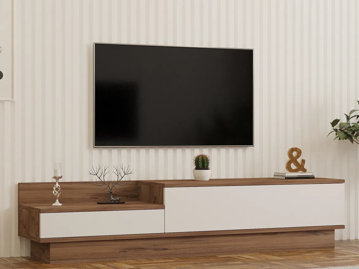 Mobile Porta tv Bianco Marrone Rovere 2 Cassetti un Ripiano 39x129x50h cm, 2 Ante - Waynes