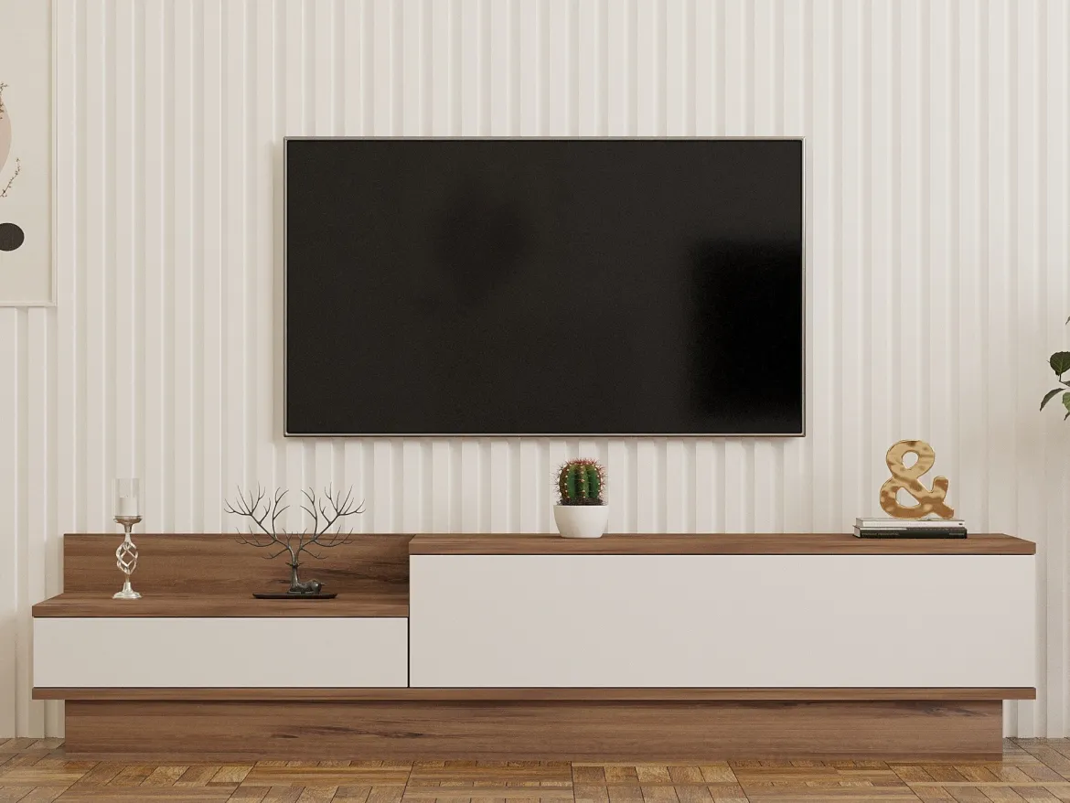Mobile Porta tv Bianco Marrone Rovere 2 Cassetti un Ripiano 39x129x50h cm, 2 Ante - Waynes