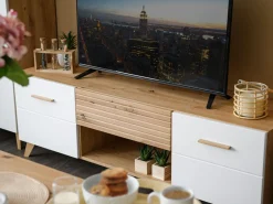 Mobile Porta tv Bianco Marrone Rovere Nodi un Cassetto un Ripiano 154x40x55h cm, 2 Ante - Stra
