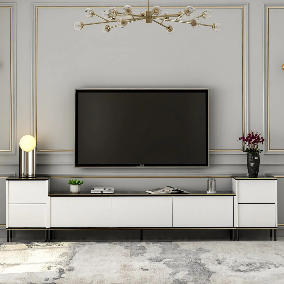 Mobile Porta tv Bianco Nero Marmo 2 Ripiani 5 Ante 180x35x45h cm, con Finiture oro - Cortin