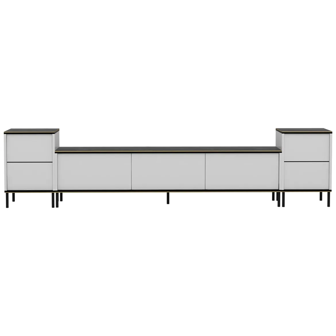 Mobile Porta tv Bianco Nero Marmo 2 Ripiani 5 Ante 180x35x45h cm, con Finiture oro - Cortin