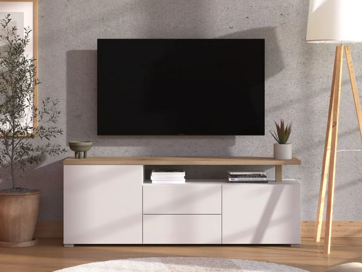 Mobile Porta tv Bianco Opaco Marrone Rovere 2 Cassetti un Ripiano 154x40x50h cm, 2 Ante - Aramo