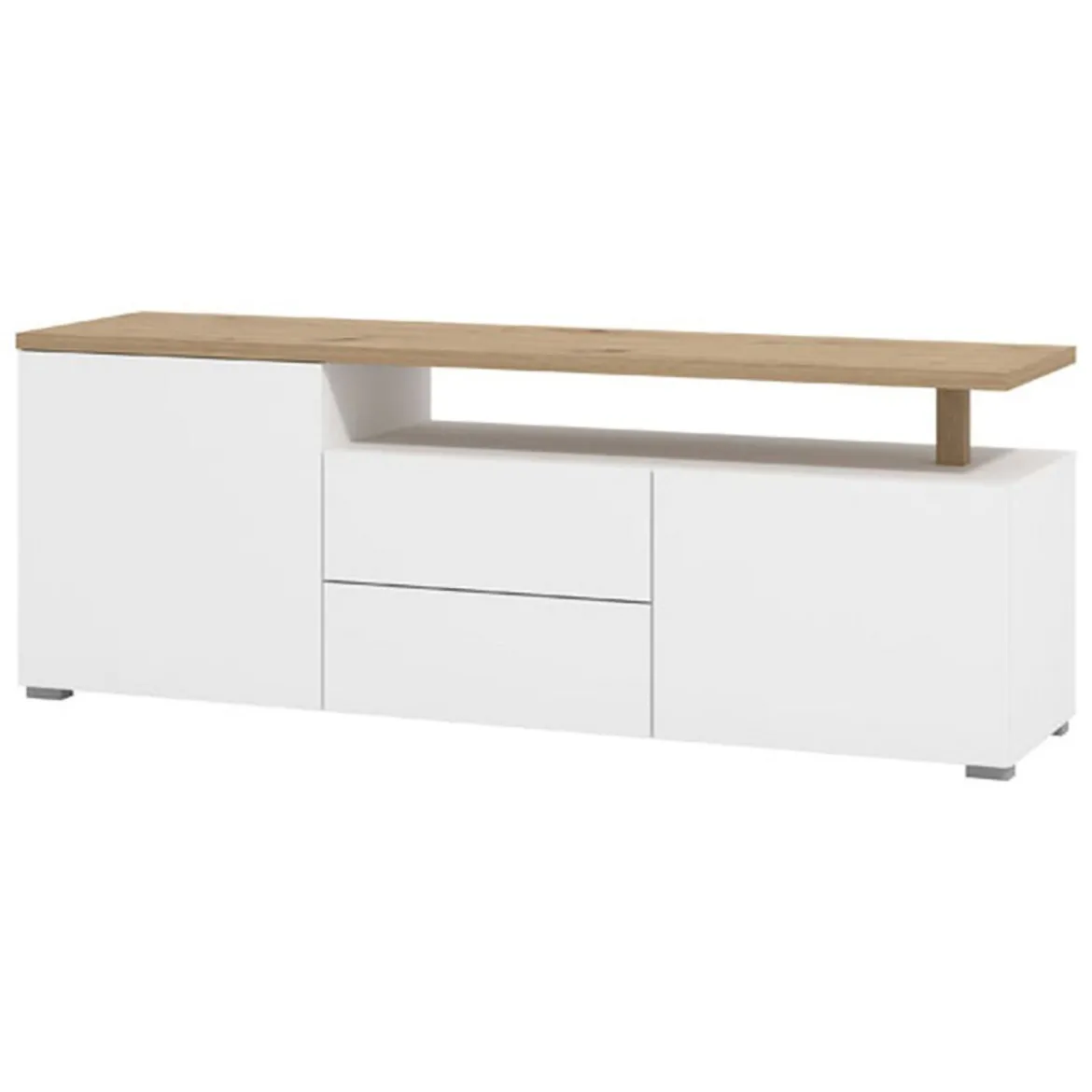Mobile Porta tv Bianco Opaco Marrone Rovere 2 Cassetti un Ripiano 154x40x50h cm, 2 Ante - Aramo