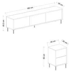 Mobile Porta tv Bianco 2 Ripiani 5 Ante 180x35x45h cm, con Finiture oro - Cortin