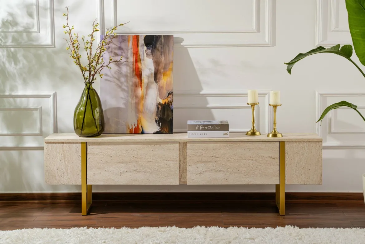 Mobile porta TV Lilith, 180x30 h50 cm, Beige e Oro