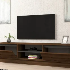 Mobile Porta tv Marrone Noce Nero Antracite un Ripiano 2 Ante 180x40x45h cm, 4 Vani - Lurani
