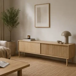 Mobile Porta tv Marrone Rovere 2 Ripiani 2 Ante 154x40x52h cm, Ante Effetto Rigato - Kami
