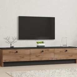 Mobile Porta tv Marrone Rovere Nero Antracite 2 Ante Apertura a Ribalta 180x33x49h cm, 3 Vani - Imerese